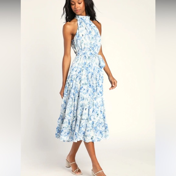 NWT Lulus Breezing Through White Floral Print Tiered Halter Midi Dress Medium - Picture 1 of 7